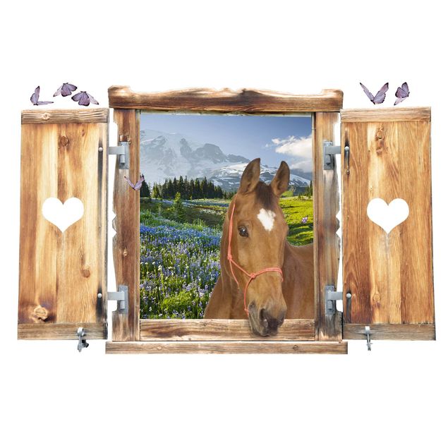 Autocolantes de parede flores Window With Heart And Horse Mountain Meadow With Flowers