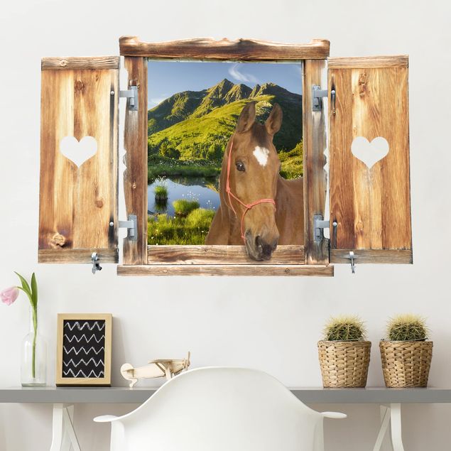 Wallstickers hästar Window With Heart And Horse Looking Into Defereggental