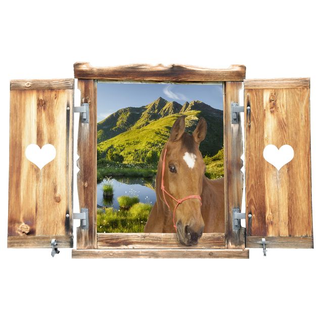 Wallstickers 3D Window With Heart And Horse Looking Into Defereggental