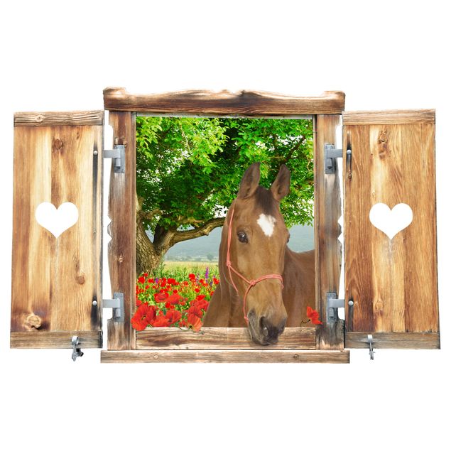 Autocolantes de parede árvores Window With Heart And Horse Meadow