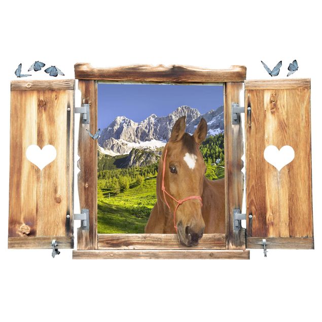 Autocolantes de parede 3D Window With Heart And Horse Styria Alpine Meadow