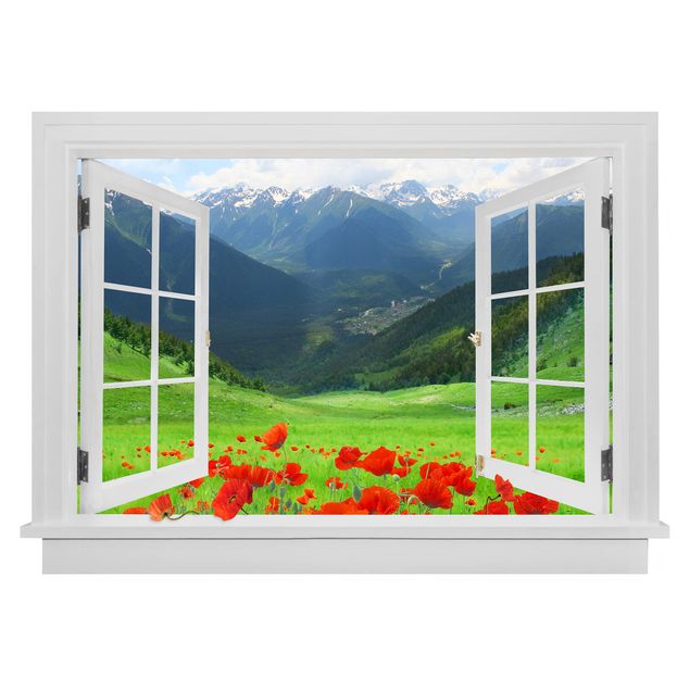 Wallstickers 3D Open Window Alpine Meadow And Poppies