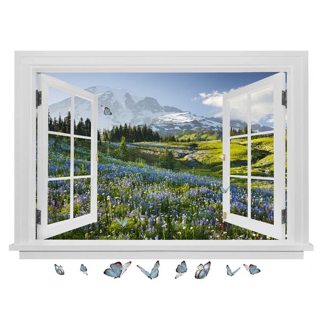 Autocolantes de parede flores Open Window Mountain Meadow With Flowers In Front Of Mt. Rainier And Butterflies