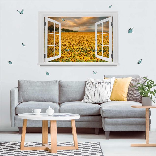 Autocolantes de parede flores Open Window Field With Sunflowers