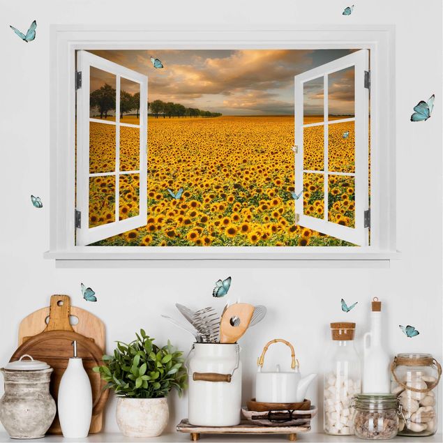 Kök dekoration Open Window Field With Sunflowers