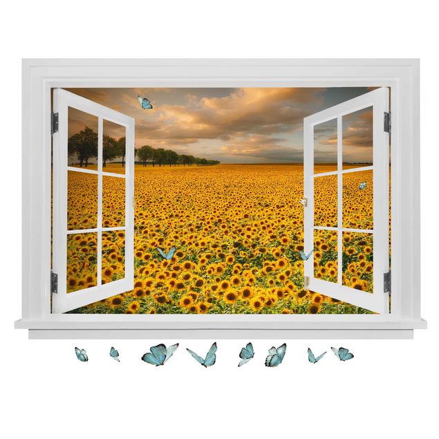 Autocolantes de parede 3D Open Window Field With Sunflowers