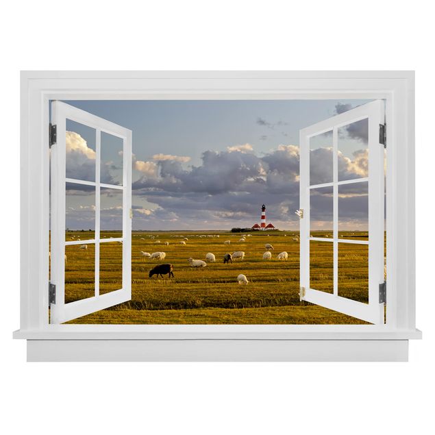 Wallstickers 3D Open Window North Sea Lighthouse With Sheep Herd