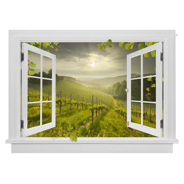 Autocolantes de parede 3D Open Window Sun Rays Vineyard With Vines And Grapes
