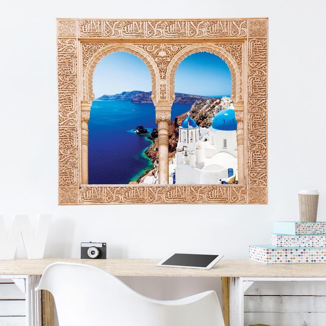 Autocolantes de parede Ilhas Decorated Window View Over Santorini