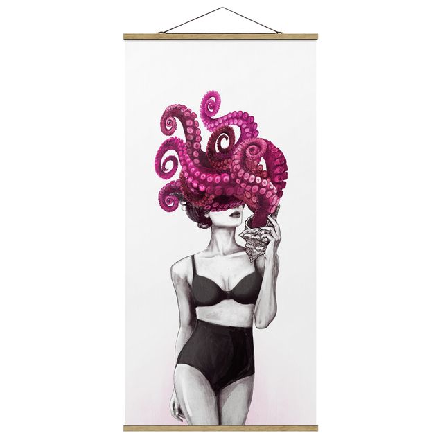 Tavlor konstutskrifter Illustration Woman In Underwear Black And White Octopus