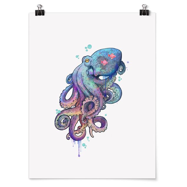 Posters djur Illustration Octopus Violet Turquoise Painting
