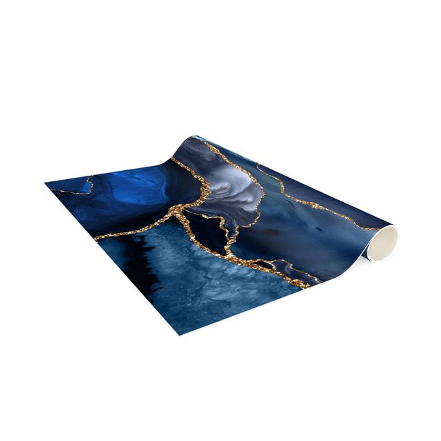 abstrakta mattor Golden Glitter Waves Blue backdrop