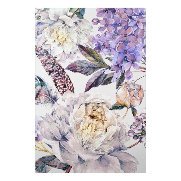 Tavlor blommor Delicate Watercolour Boho Flowers And Feathers Pattern