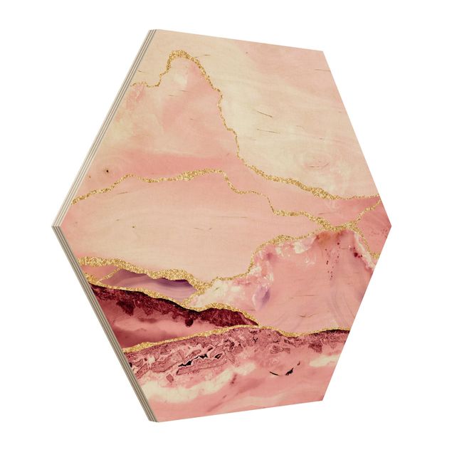 Tavlor mönster Abstract Mountains Pink With Golden Lines