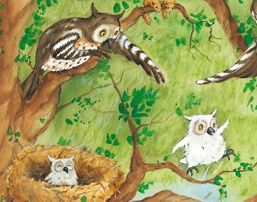 Fönsterdekaler djur Vasily Raccoon - Owl Chick Elsa Pulls Out