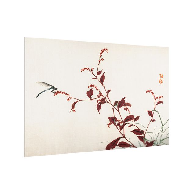 stänkskydd kök glas Asian Vintage Drawing Red Branch With Dragonfly