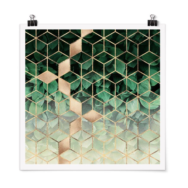Posters abstrakt Green Leaves Golden Geometry