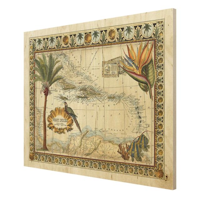 Trätavlor landskap Vintage Tropical Map West Indies