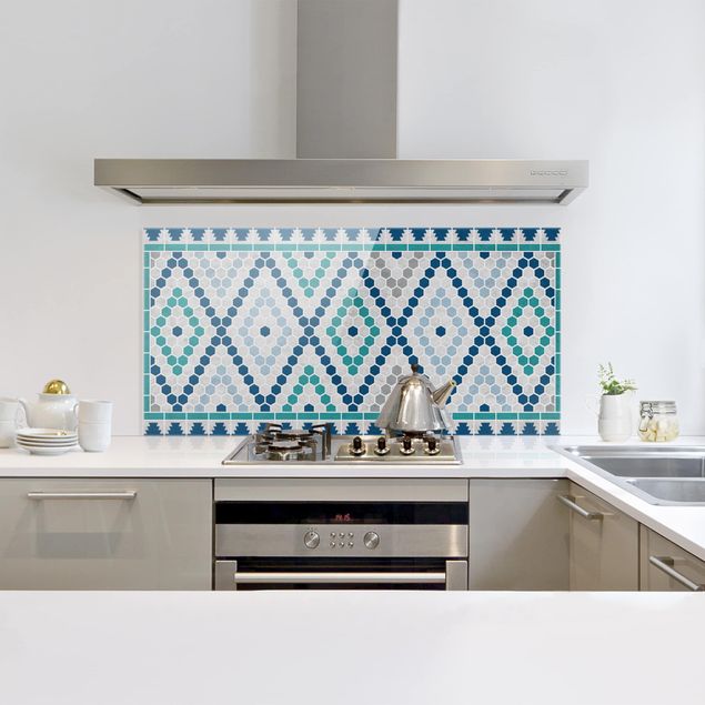 Stänkskydd kök glas mönster Moroccan tile pattern turquoise blue
