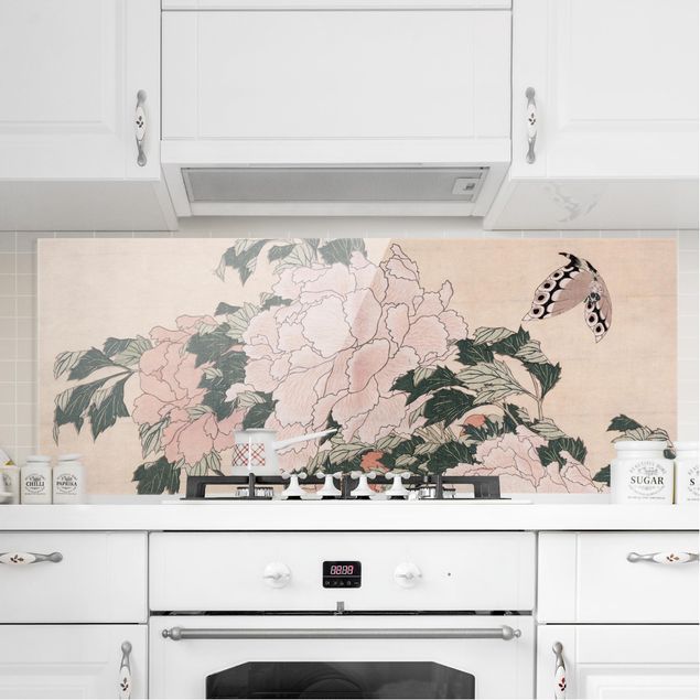 Kök dekoration Katsushika Hokusai - Pink Peonies With Butterfly