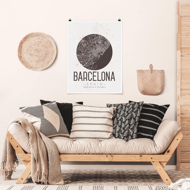 Posters svart och vitt Barcelona City Map - Retro