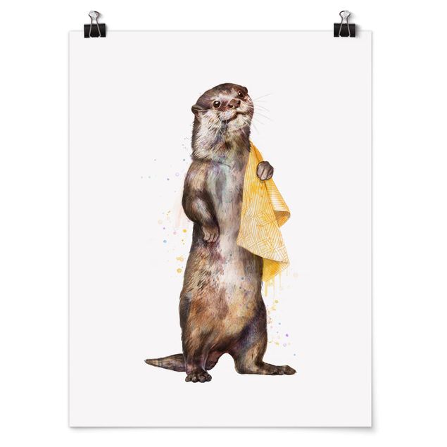 Tavlor konstutskrifter Illustration Otter With Towel Painting White