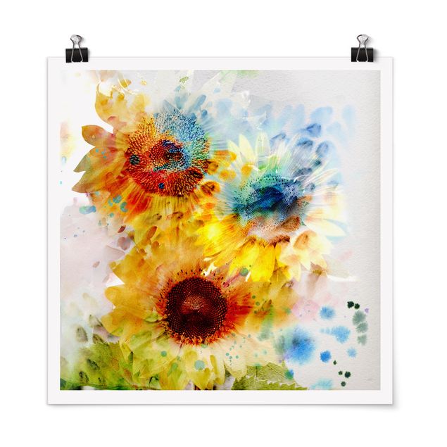 Posters blommor  Watercolour Flowers Sunflowers