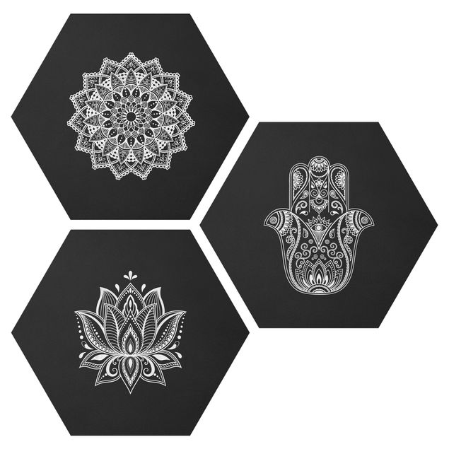 Tavlor andlig Mandala Hamsa Hand Lotus Set On Black
