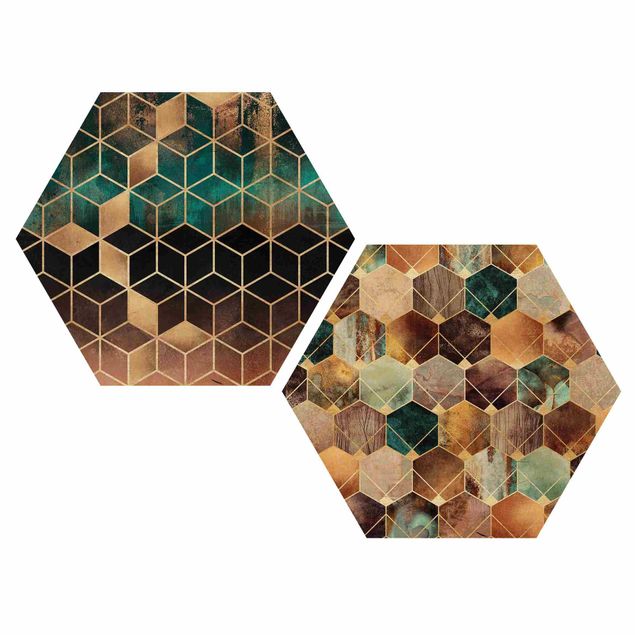 Hexagonala tavlor Turquoise Geometry Golden Art Deco Set