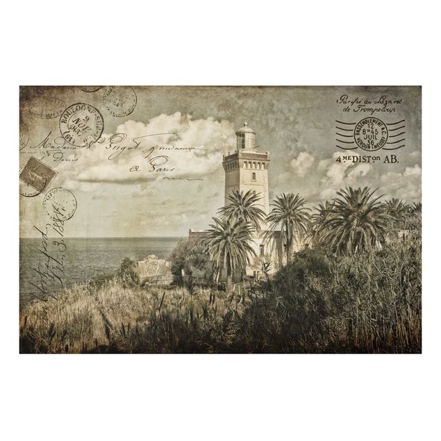 Tavlor landskap Vintage Postcard With Lighthouse And Palm Trees