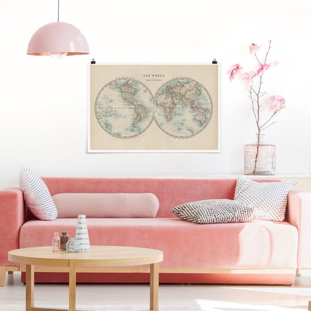 Posters världskartor Vintage World Map The Two Hemispheres