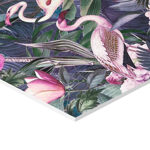 Hexagonala tavlor Colorful Collage - Pink Flamingos In The Jungle