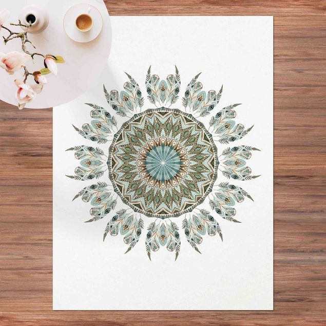 altanmattor Mandala Watercolours Feathers Hand Painted Blue Green