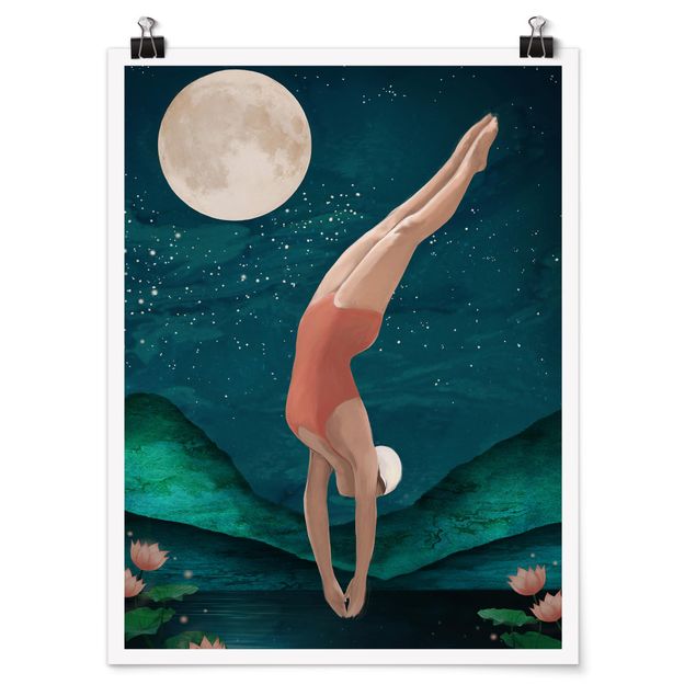 Tavlor porträtt Illustration Bather Woman Moon Painting