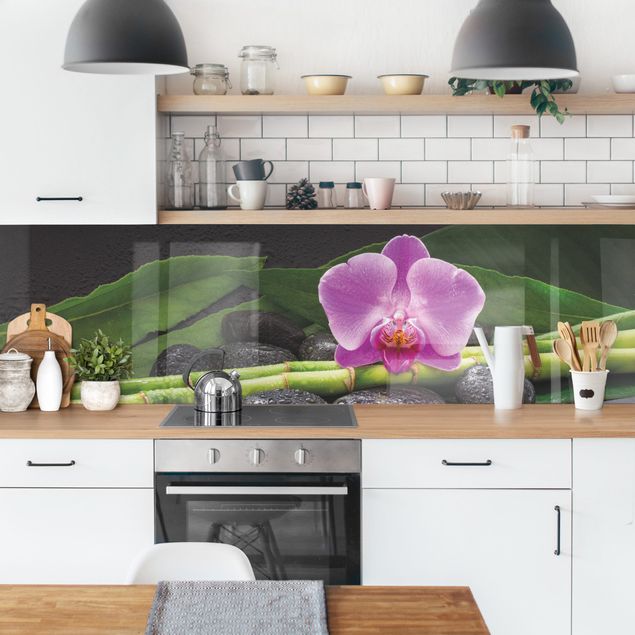 Stänkskydd kök sten utseende Green Bamboo With Orchid Flower