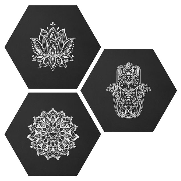 Tavlor andlig Mandala Hamsa Hand Lotus Set On Black