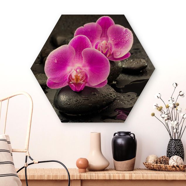 Tavlor orkidéer Pink Orchid Flowers On Stones With Drops
