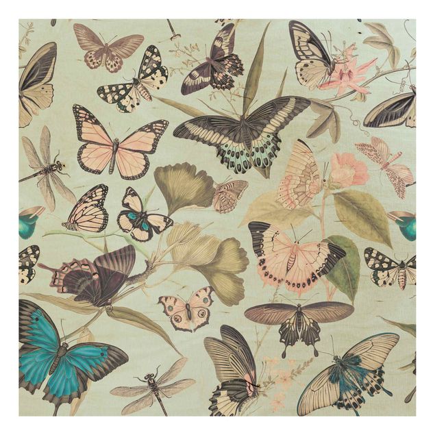 Trätavlor blommor  Vintage Collage - Butterflies And Dragonflies