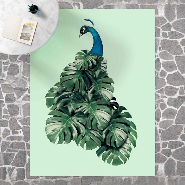 utomhusmattor Peacock With Monstera Leaves