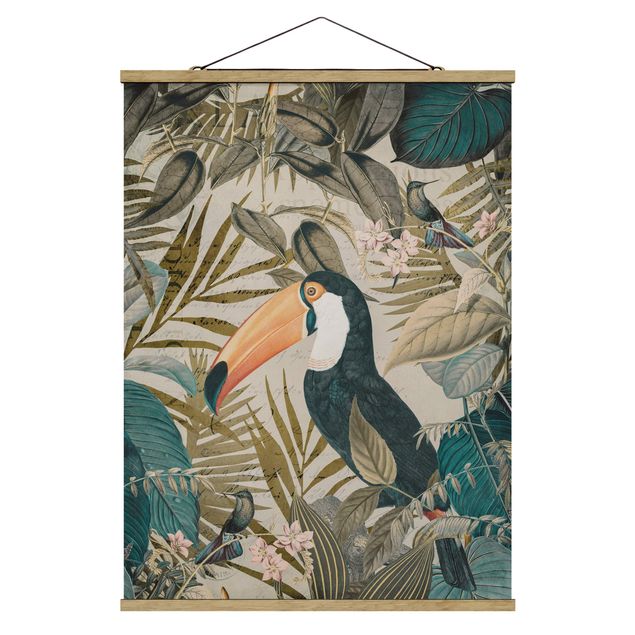 Tavlor blommor  Vintage Collage - Toucan In The Jungle