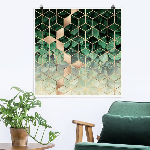 Tavlor 3D Green Leaves Golden Geometry