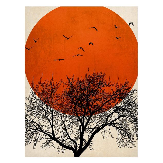 Tavlor landskap Flock Of Birds In Front Of Red Sun II