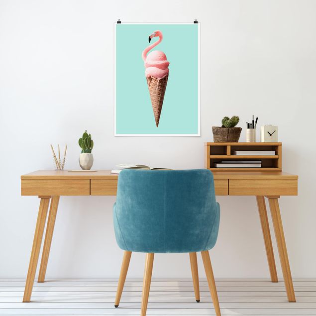 Posters djur Ice Cream Cone With Flamingo