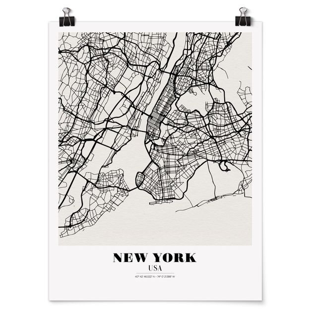 Posters svart och vitt New York City Map - Classic
