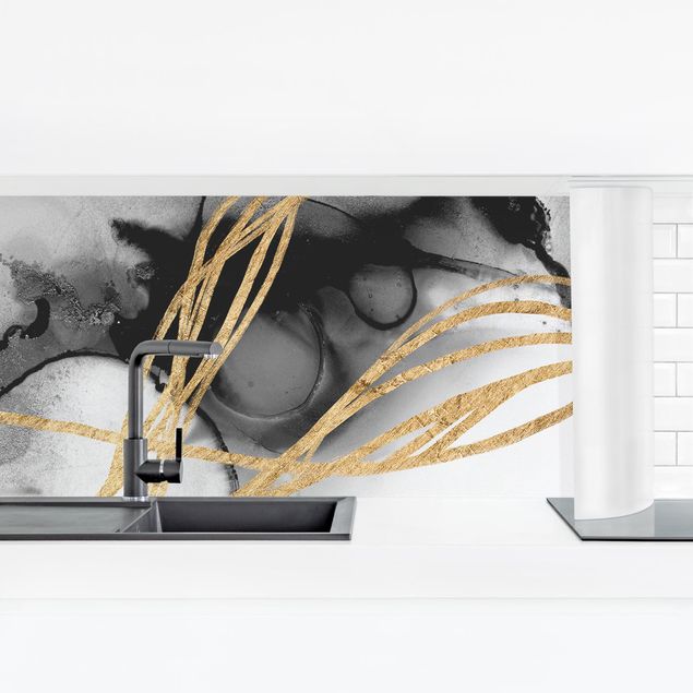 Küchenrückwand - Schwarze Tusche mit goldenen Linien II