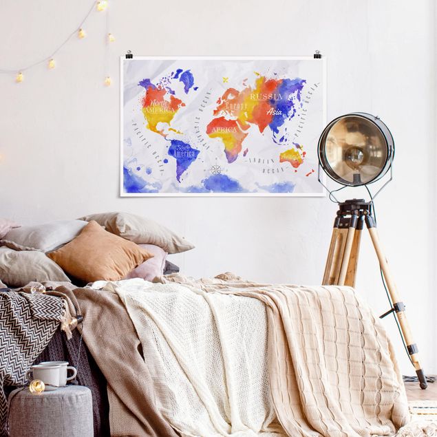 Posters världskartor World Map Watercolour Purple Red Yellow