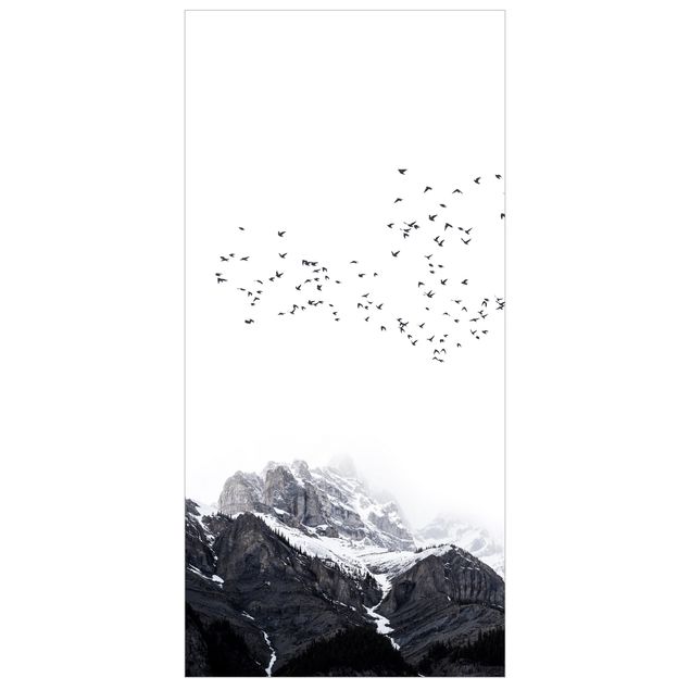 Rumsavdelare Flock Of Birds In Front Of Mountains Black And White