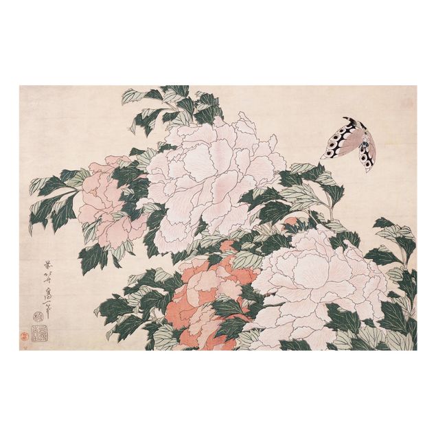 Stänkskydd kök glas blommor  Katsushika Hokusai - Pink Peonies With Butterfly