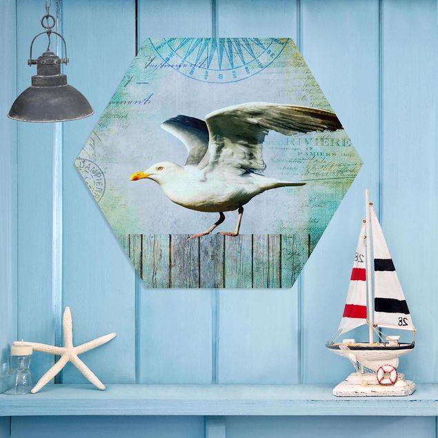 Kök dekoration Vintage Collage - Seagull On Wooden Planks
