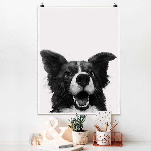 Tavlor hundar Illustration Dog Border Collie Black And White Painting